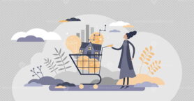 Cost of living with expenses consumption in cart flat tiny persons concept