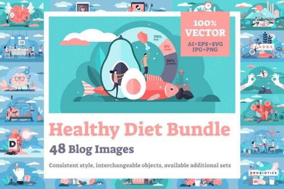 48 Healthy Diet Vector Illustrations Bundle