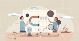 Creative science and experiments with physics equipment tiny person concept
