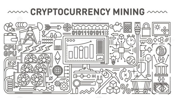FREE Cryptocurrency mining concept outline illustration set