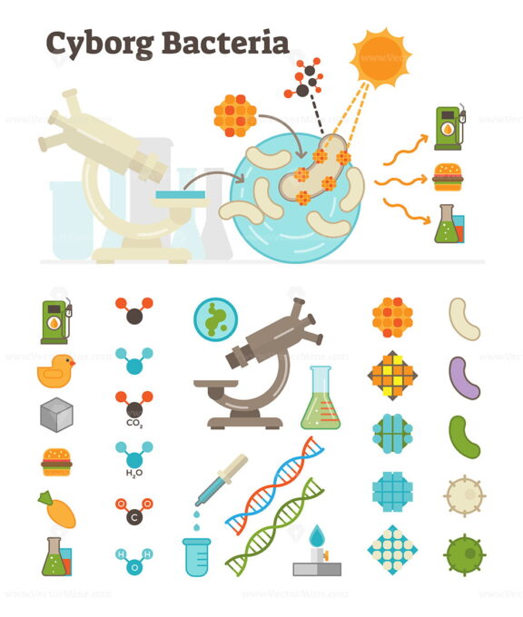 FREE Cyborg bacteria producing fuel and food from sunlight, graphic objects set
