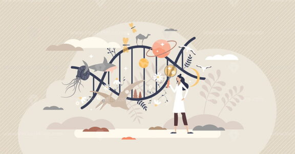 DNA science and evolution research as genetic data study tiny person concept