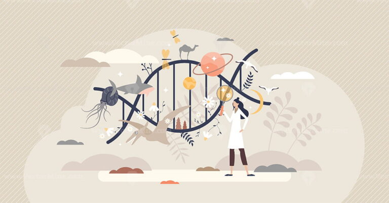 DNA science and evolution research as genetic data study tiny person concept