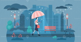 Daily life with rainy weather flat tiny vector illustration persons concept