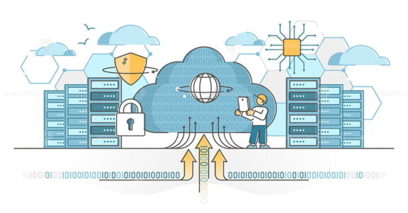 Data center servers for cloud hosting and storage service outline concept