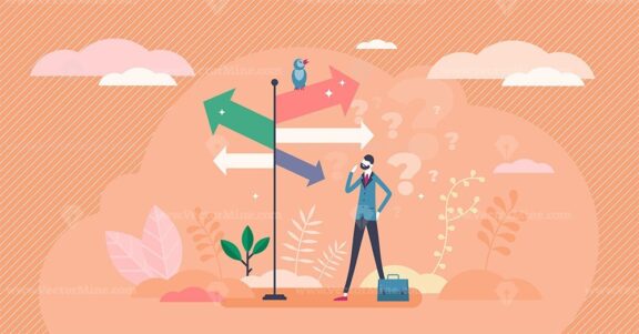 Decision crossroads concept, flat tiny businessman person vector illustration