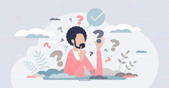 Decision making confusion and successful option choice tiny person concept