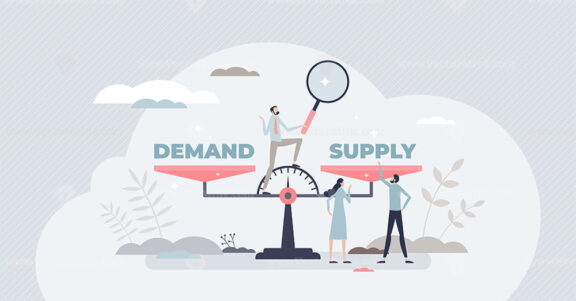 Demand supply scale balance for market sale management tiny person concept