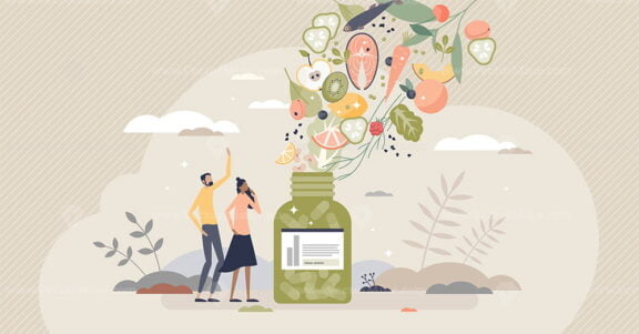 Dietary supplements as extracted food nutrients in pills tiny person concept