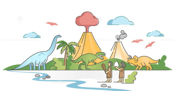 Dinosaurs landscape scene with jurassic humans and animals outline concept