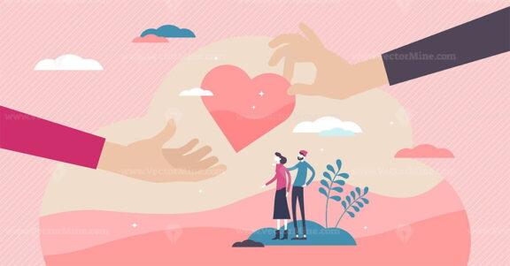 Doing good volunteering concept, flat tiny persons couple and hands giving heart symbol