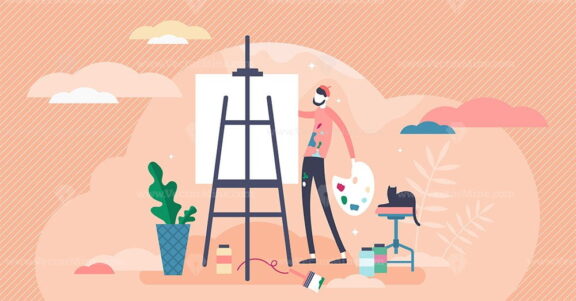 Drawing or painting concept, flat tiny person vector illustration