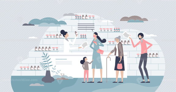 Drugstore customers in apothecary buy pharmacy medicine tiny person concept
