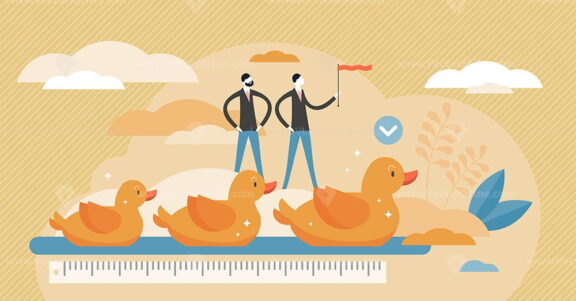 Get ducks in row visualization vector illustration in tiny persons concept