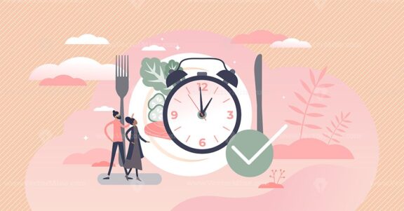 Eating time as daily food balance and routine clock tiny persons concept