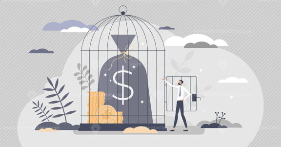 Economic lockdown as financial prison cage metaphor flat tiny persons concept