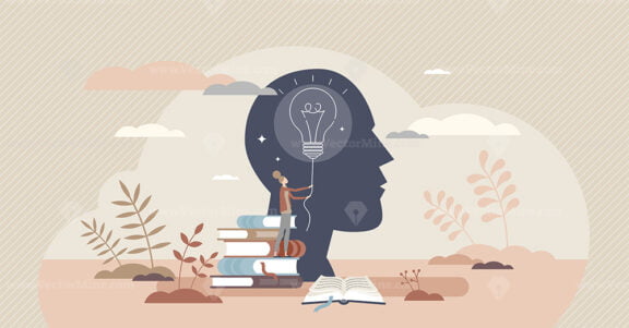 Educational psychology flat tiny person concept with light bulb and head