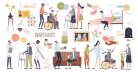 Elder care set with nursing or senior assistance elements tiny person concept