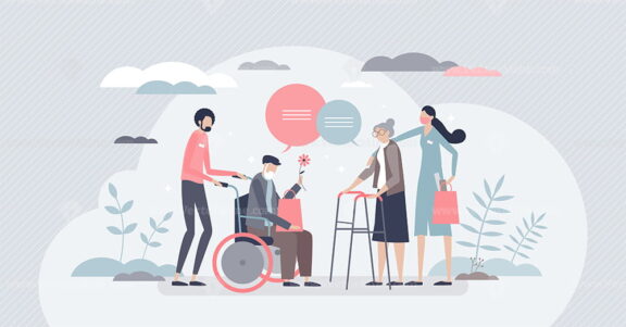 Elderly care as retirement senior support and assistance tiny person concept