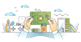 Electronics repair as motherboard hardware problem diagnosis outline concept