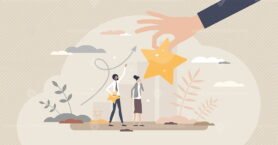 Encouragement with career raise and motivational reward tiny person concept