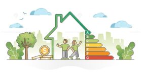 Energy efficient house with ecology class rating diagram outline concept
