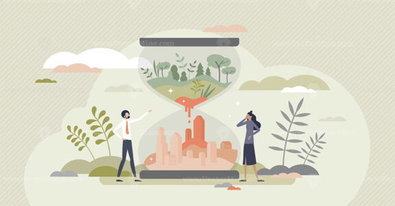 Environment clock as climate and resources exhaustion tiny person concept