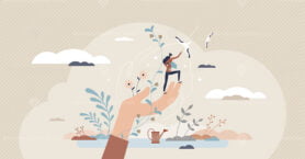 Environmentalism thinking and protecting environment tiny person concept