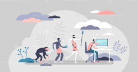 Evolution steps from the cave men to modern human with computer,flat tiny person vector illustration