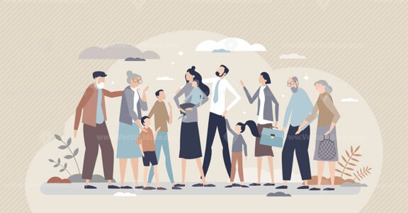 Extended and happy family portrait with all siblings tiny person concept