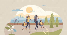 Family backpacking and hiking adventure with parents tiny person concept