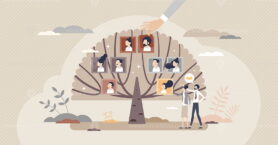 Family tree with generation connection and origin history tiny person concept