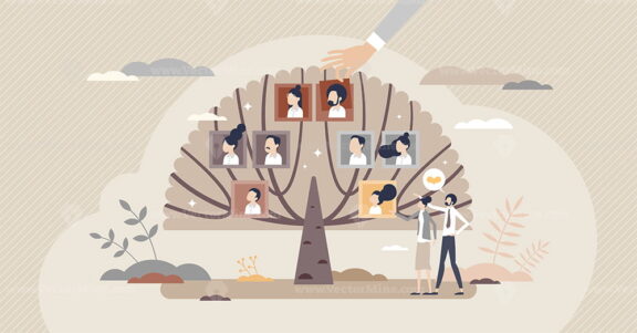 Family tree with generation connection and origin history tiny person concept