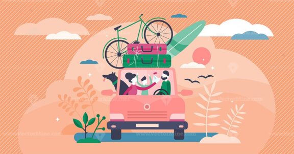 Family camping road trip concept, flat tiny persons vector illustration