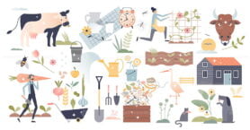 Farming set elements as harvesting and dairy agriculture tiny person concept