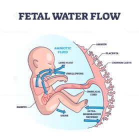 Fetal water flow and amniotic fluid with anatomical structure outline diagram