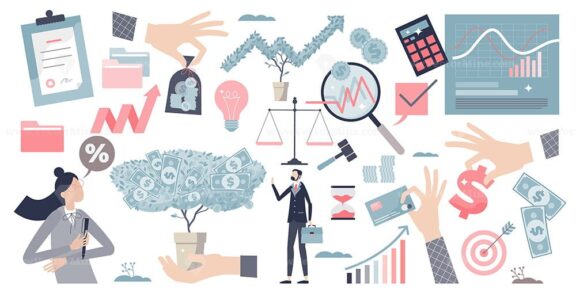 Finance and economy elements with money and stock market tiny person set