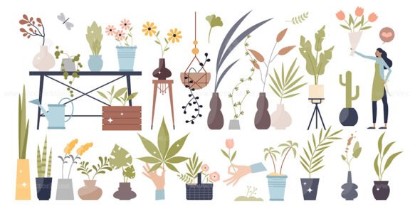 Flowers and plants elements with leafs in pots tiny person collection set
