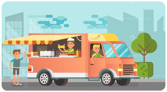 FREE City street scene with food truck, vector illustration