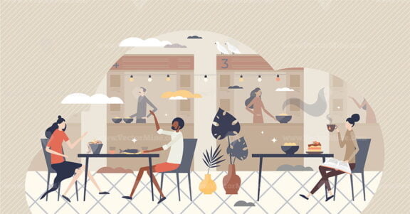 Food court restaurants and lunch cafe as meal catering tiny person concept