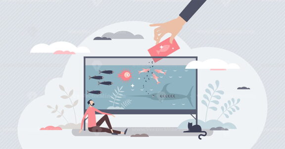 Food for fish and aquatic animal feeding with nutrition tiny person concept