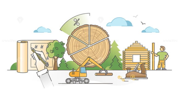 Forestry resources as raw forest tree wood material cutting outline concept