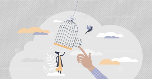 Freedom gaining by release from capture and fly away tiny persons concept