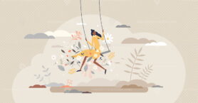 Freedom female as happy and care free positive lifestyle tiny person concept