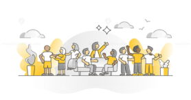 Friends crowd together as social contact group monocolor outline concept