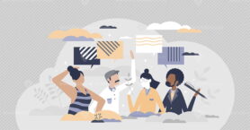 Friends talking together as social group conversation tiny person concept