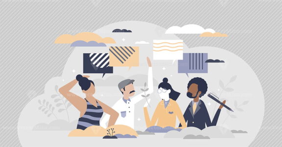 Friends talking together as social group conversation tiny person concept