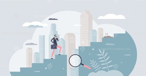 Gap analysis as cautious businessman obstacle evaluation tiny person concept