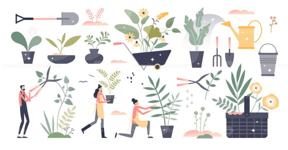 Gardening set as summer botany plant care work elements tiny person concept