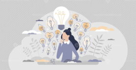 Gather ideas female as creativity and brainstorm results tiny person concept